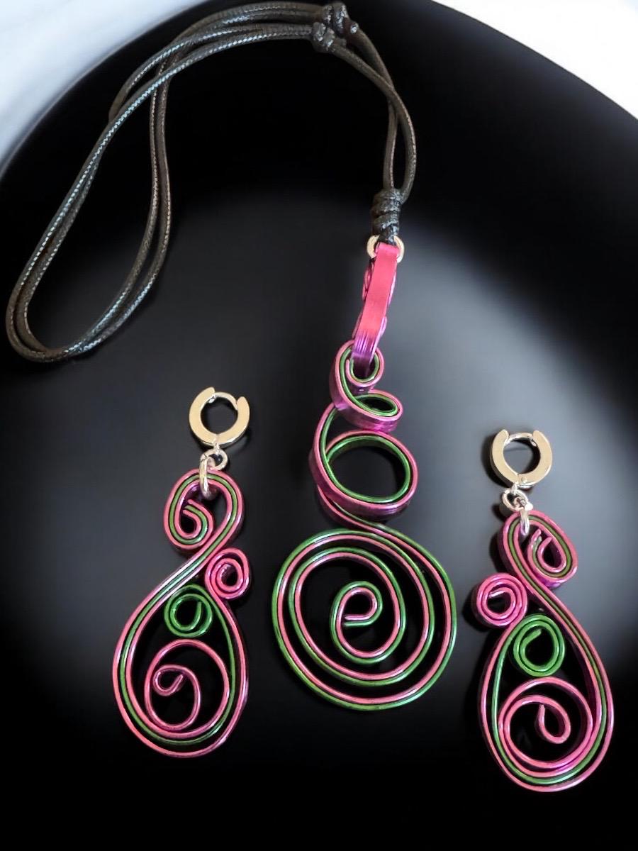 Whimsy Vines” Pendant Necklace – Pink & Green Artisan Swirl Design
