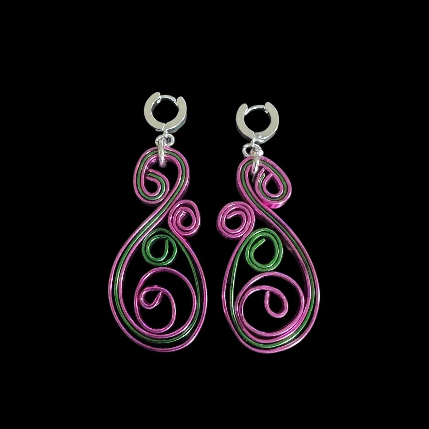 Whimsy Vines” Wire Earrings – Pink & Green Swirl
