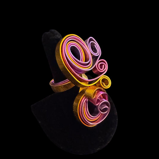 Handcrafted Artisan Wire Ring – Bold Swirls in Gold, Pink & Lavender
