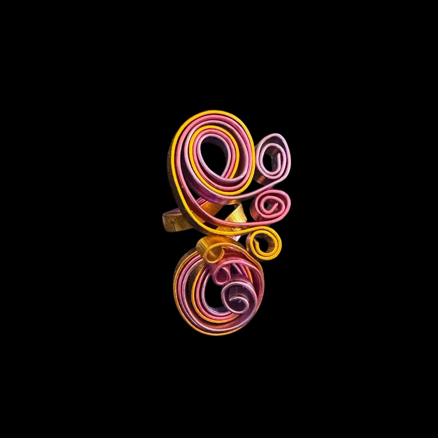 Handcrafted Artisan Wire Ring – Bold Swirls in Gold, Pink & Lavender