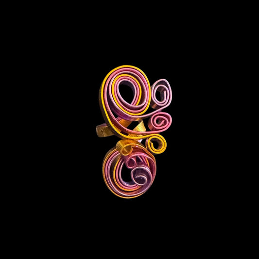 Handcrafted Artisan Wire Ring – Bold Swirls in Gold, Pink & Lavender